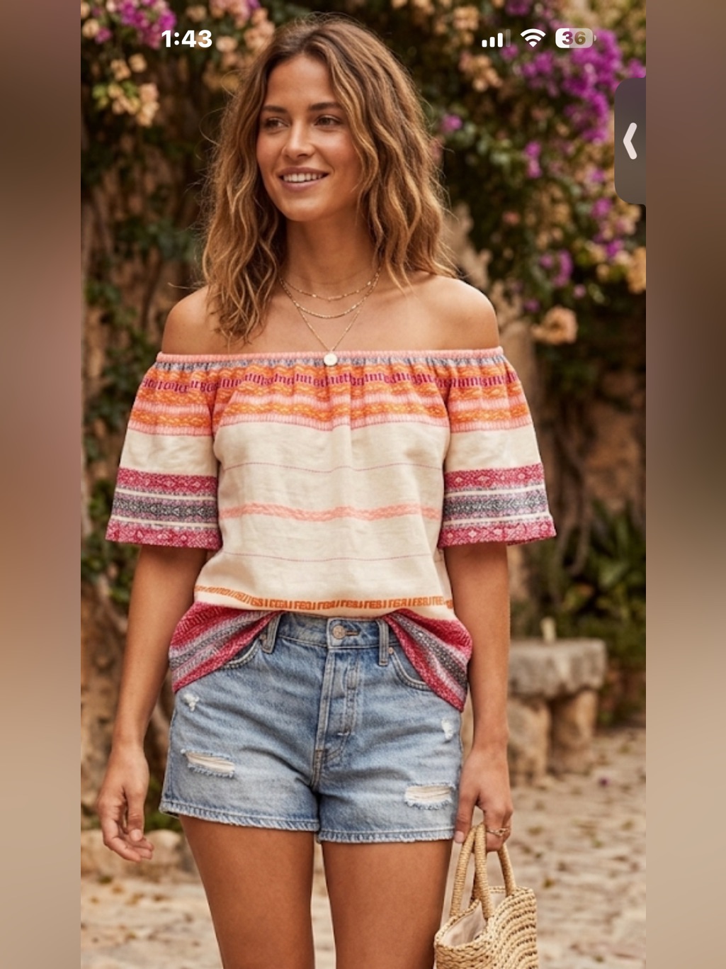 As By Df Off-Shoulder Striped Peasant Blouse In Cream And Coral. Euc